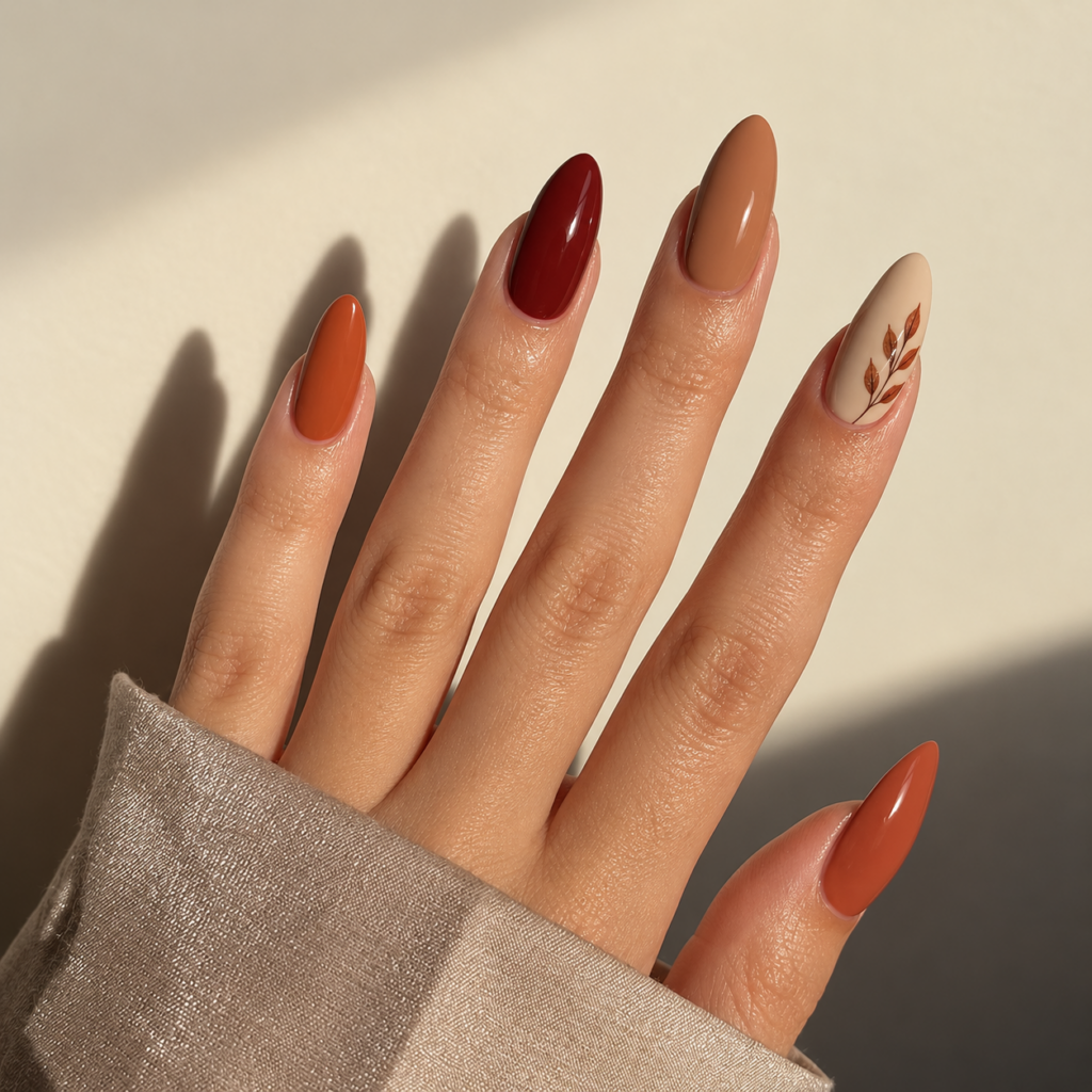 Almond-shaped fall nails in cinnamon red, caramel and terracotta with a delicate leaf accent.